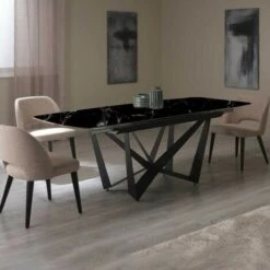 Tavolo Da Pranzo Allungabile Marmorizzato, Gambe Incrociate Nere L. 220x90 - Xilo