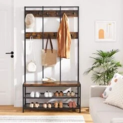 Songmics VASAGLE Appendiabiti Con Scarpiera Panca In Stile Industriale, Attaccapanni Con 12 Ganci E Ripiani, Scaffale Multifunzionale Per Corridoio, Ufficio, Camera Da Letto, Struttura In Ferro, 100kg, Da SONG