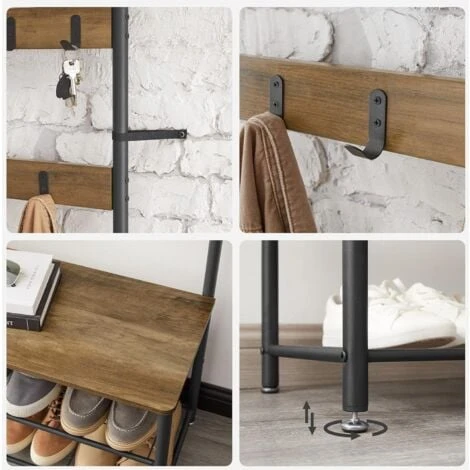 Songmics VASAGLE Appendiabiti, Attaccapanni Da Entrata, Con Panca Scarpiera, Ripiani Portaoggetti, Ganci, Struttura In Acciaio Opaco, Altezza Di 175 Cm, In Stile Industriale, Noce Medio E Nero 6 Songmics VASAGLE Appendiabiti, Attaccapanni Da Entrata, Con Panca Scarpiera, Ripiani Portaoggetti, Ganci, Struttura In Acciaio Opaco, Altezza Di 175 Cm, In Stile Industriale, Noce Medio E Nero - immagine 4