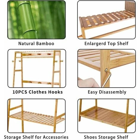 Appendiabiti Stender Attaccapanni In Bambù Da Terra Portabiti Con 2 Ripiani 7 Appendiabiti Stender Attaccapanni In Bambù Da Terra Portabiti Con 2 Ripiani - immagine 5