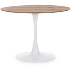 Tavolo Bloom Rotondo Con Struttura In Acciaio Verniciato, Piano In Legno -100 Cm / Bianco/Legno