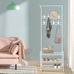 Bigzzia Appendiabiti 3 In 1 Metallo Con 16 Ganci Rimovibili, Appendiabiti Per Scarpe, Vestiti, Ombrello, Bianco